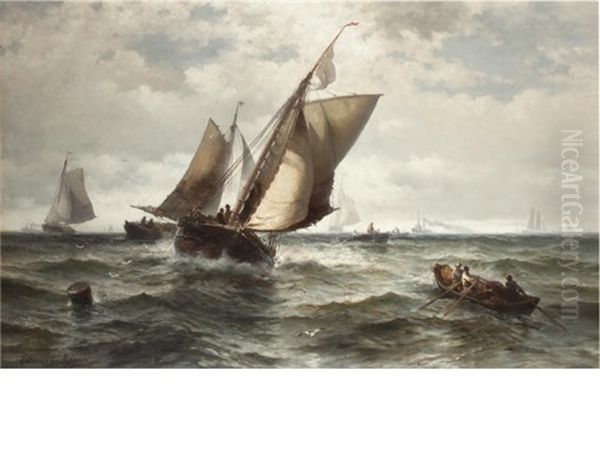 Fishing Boats In A Stormy Sea Oil Painting by Edward Moran