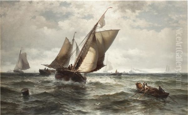 Fishing Boats In A Stormy Sea Oil Painting by Edward Moran