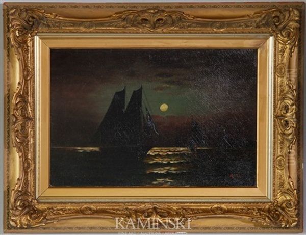 Ships In Harbor, Moonlight On The Hudson Oil Painting by Edward Moran