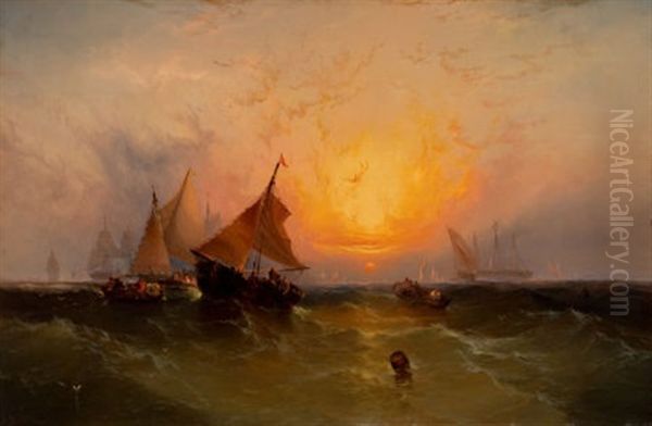 Ships At Sunset (new York Harbor Sunset) Oil Painting by Edward Moran