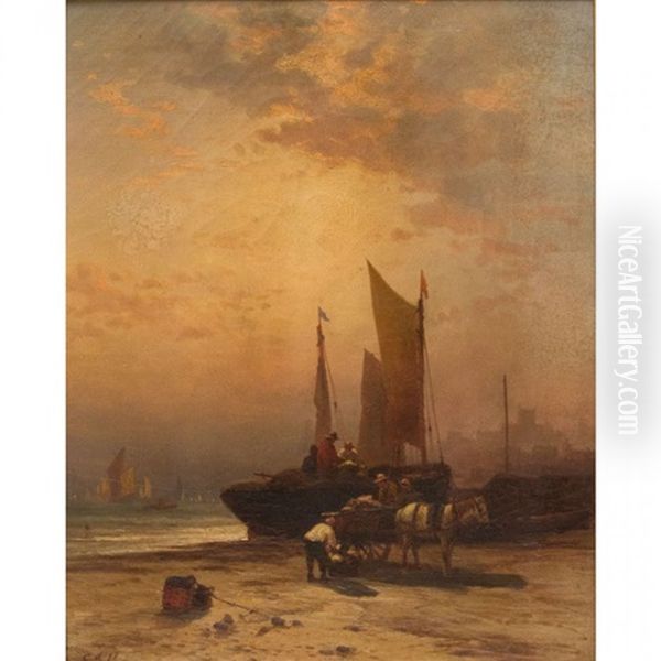 Unloading The Boat, Sunset Oil Painting by Edward Moran