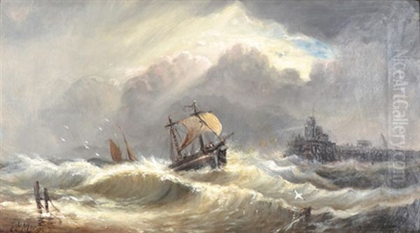 Ships In A Stormy Sea Oil Painting by Edward Moran