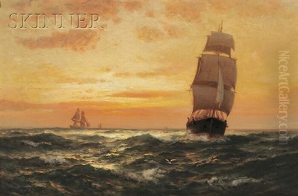 Ships At Sunset Oil Painting by Edward Moran