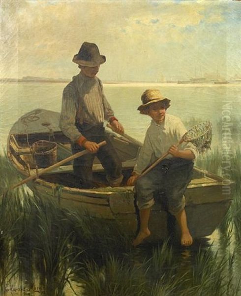 Boys Fishing Out Fishing Oil Painting by Edward Moran