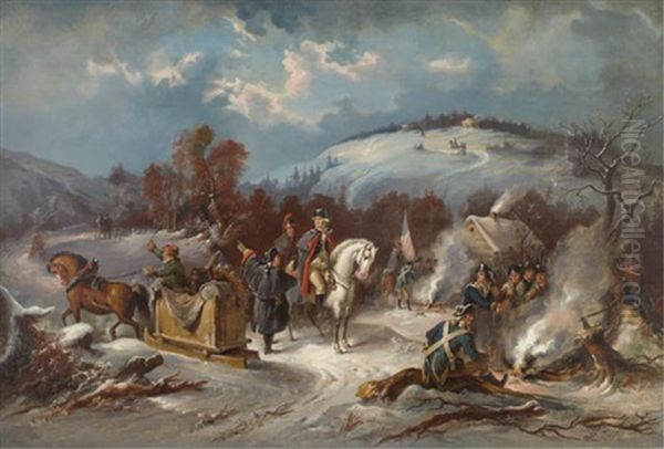 Winter Scene With Washington On A White Horse And Soldiers Around A Fire, With Horse Drawn Sled And Distant Landscape Oil Painting by Edward Moran