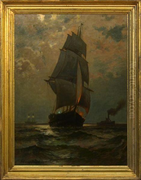 Ships Under The Moonlight Oil Painting by Edward Moran