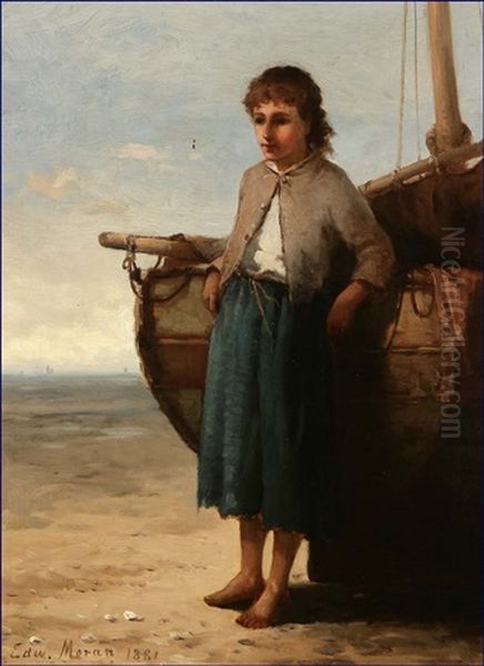 Figure Leaning Against A Boat Oil Painting by Edward Moran