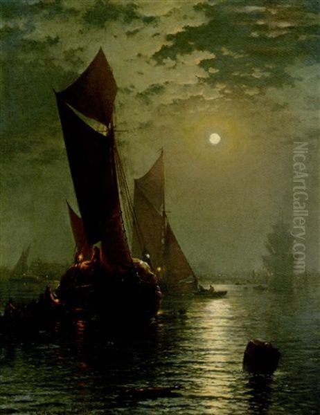 Moonlight On The Thames With A View Of St. Paul's In The Distance Oil Painting by Edward Moran