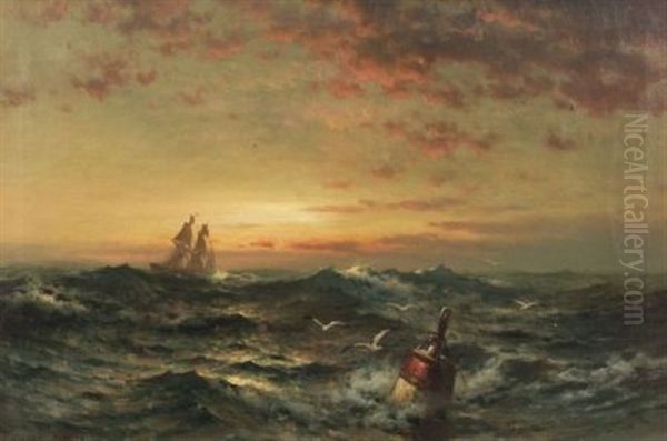 Seascape Sunrise With Buoy Oil Painting by Edward Moran