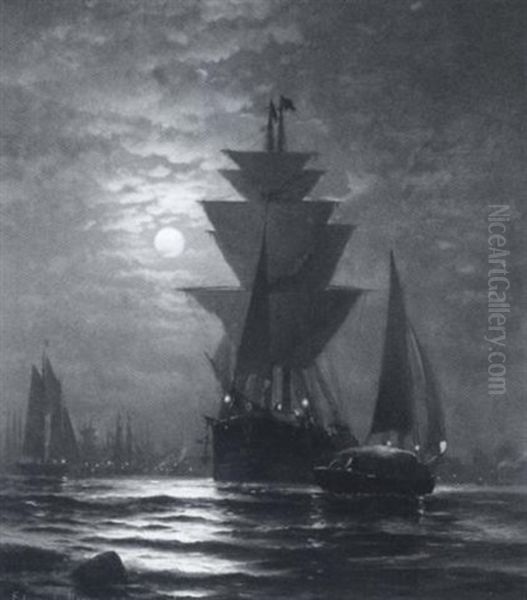 New York Harbor At Moonlight Oil Painting by Edward Moran