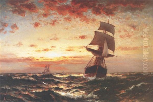 Ships On Choppy Water At Sunset Oil Painting by Edward Moran