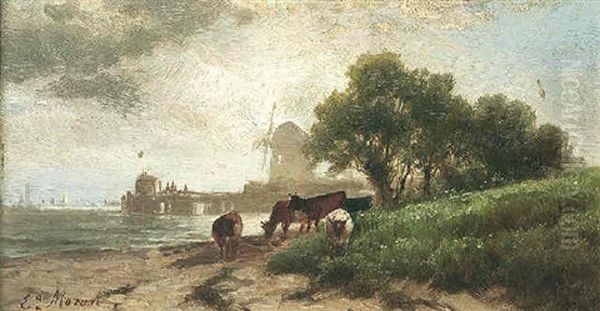 Cattle Grazing By The Shore With A Windmill Beyond Oil Painting by Edward Moran