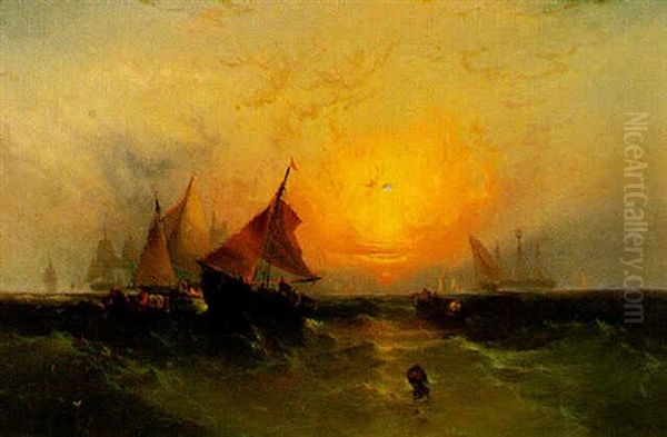 Ships At Sunset Oil Painting by Edward Moran