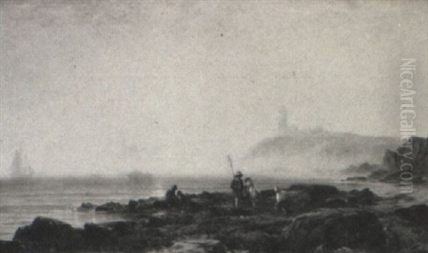 Children Crabbing Near Montauk Point Lighthouse Oil Painting by Edward Moran