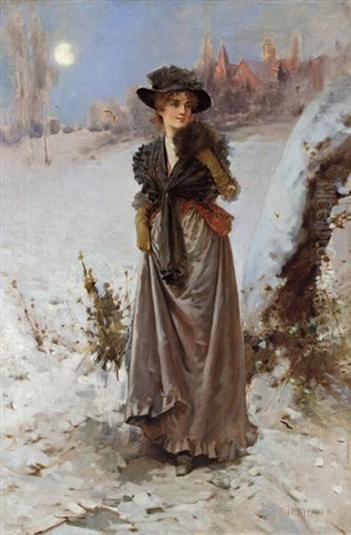 Portrait Of A Woman In A Black Hat Oil Painting by Edward Percy Moran