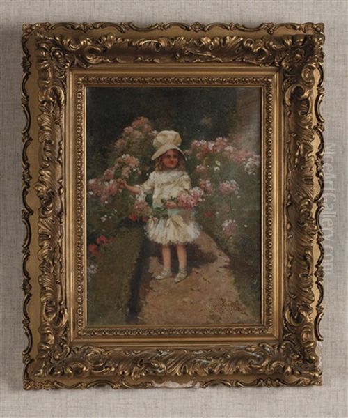 Young Girl On A Garden Path Oil Painting by Edward Percy Moran