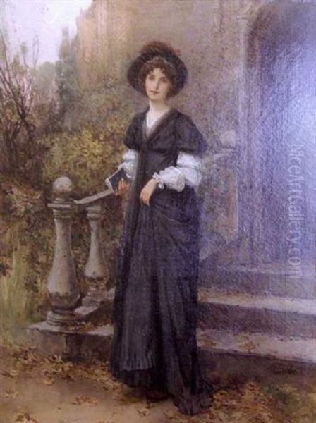 A Young Woman Standing At The Steps Of A Cathedral Holding A Book Oil Painting by Edward Percy Moran