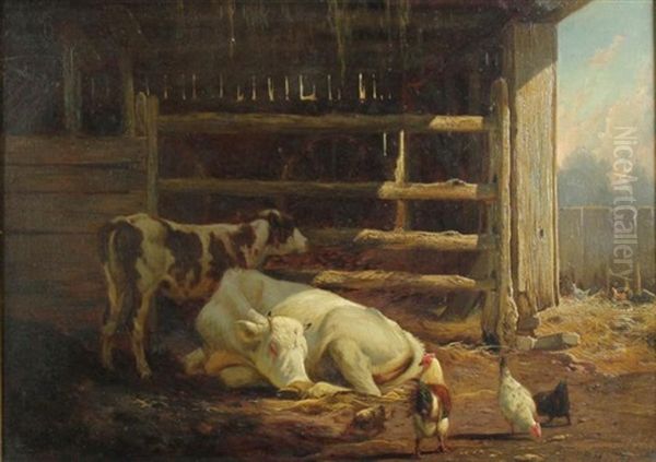 Cows In A Barn Oil Painting by Peter Moran