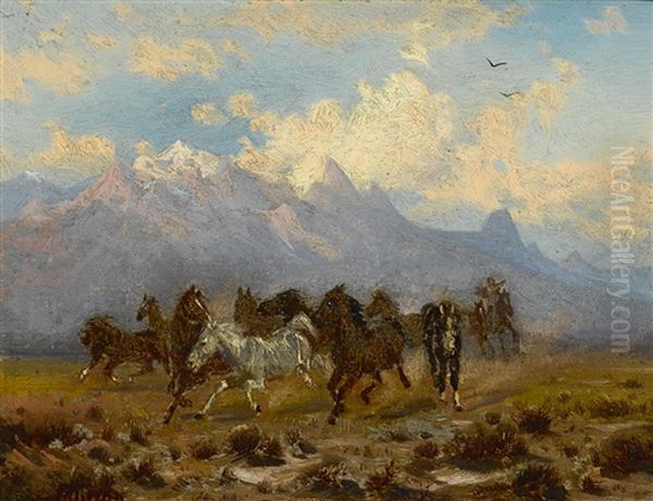 Wild Horses Beneath The Tetons, Wyoming Oil Painting by Peter Moran