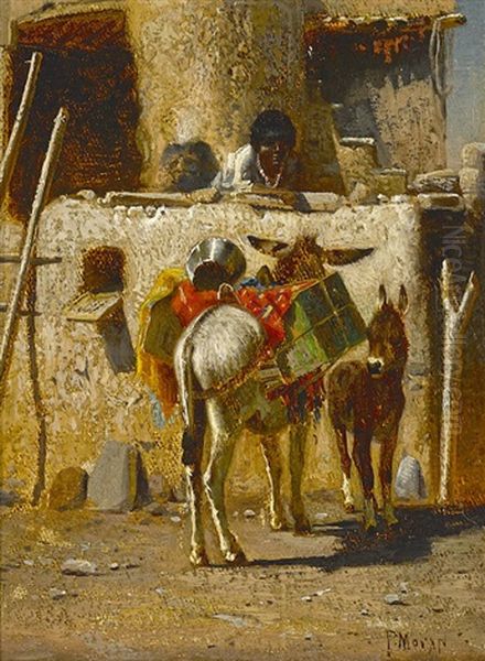 Burros And Indian Child, Pueblo Scene Oil Painting by Peter Moran