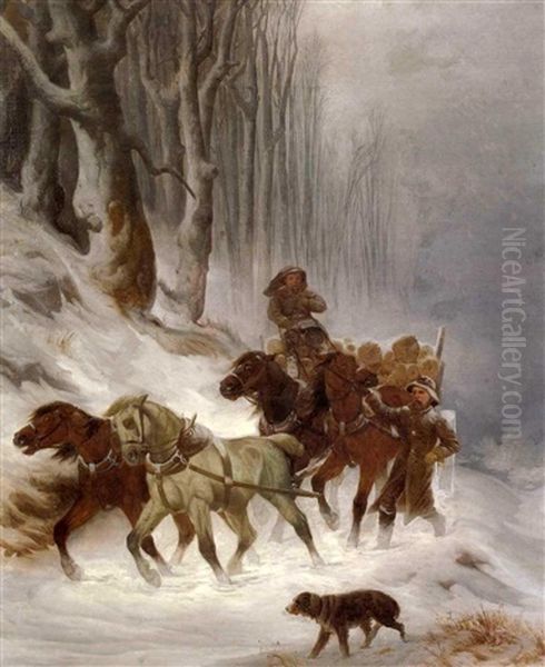 Winter Landscape With Figures And A Dog Beside A Team Of Horses Oil Painting by Peter Moran