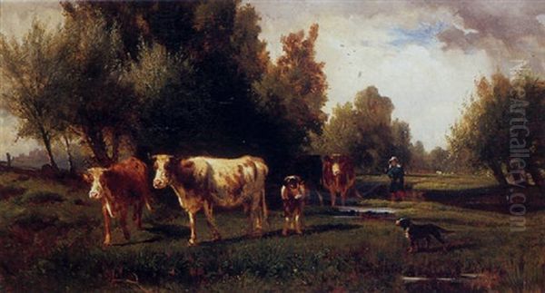 A Woman And Her Dog Leading Cows Across A Stream Oil Painting by Peter Moran