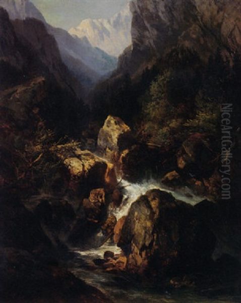 Mountain Cascade Oil Painting by Peter Moran