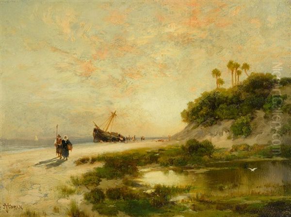 Beach Scene In Fort George Island, Florida Oil Painting by Thomas Moran