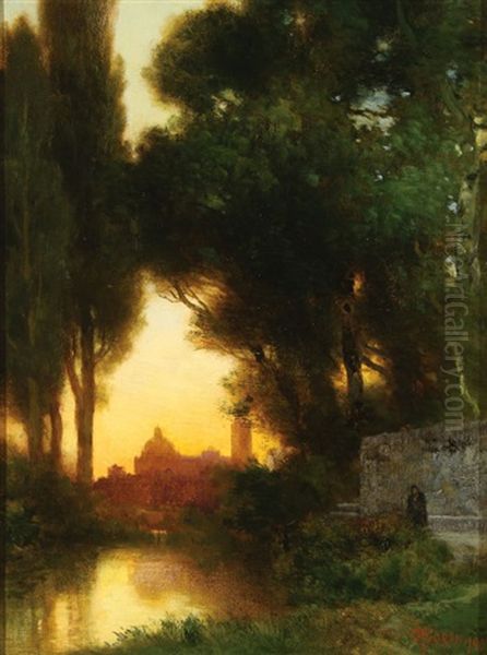 View At Dusk Of The Church Of San Juan Bautista, Maravatio, Mexico Oil Painting by Thomas Moran