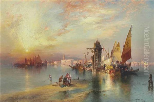 Venice, Sunset Behind Santa Maria Oil Painting by Thomas Moran