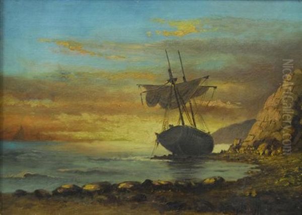 Ship Run Aground At Sunset Oil Painting by Thomas Moran