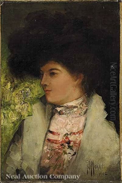 Portrait Of A Lady In A Black Feathered Hat Oil Painting by Thomas Moran