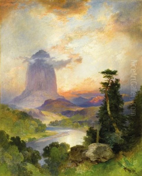 Devil's Tower, Green River, Wyoming Oil Painting by Thomas Moran