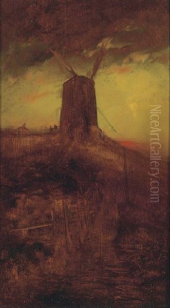 Windmill At Sunset Oil Painting by Thomas Moran