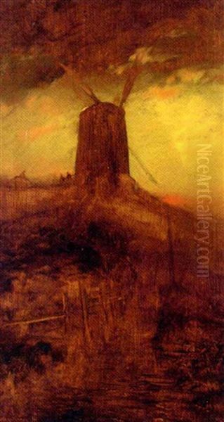 Windmill At Sunset Oil Painting by Thomas Moran