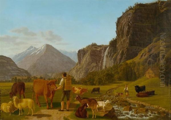 Herdsman With Animals Near Reichenbachfall Hasliberg Oil Painting by Emanuel Rudolf Biedermann