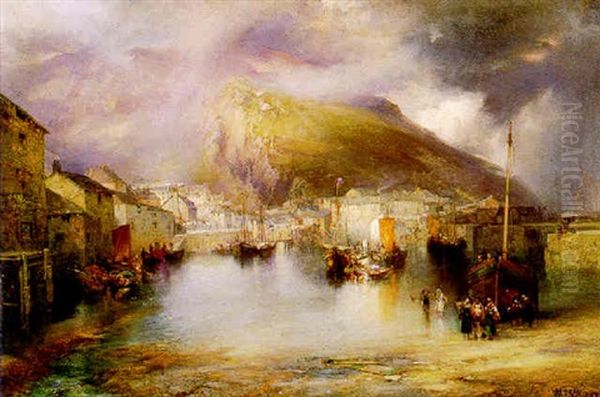 An English Fishing Village, Polperro, Cornwall Oil Painting by Thomas Moran