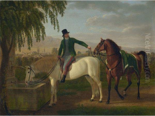 Reiter Und Pferd Am Brunnen Mit Blick Auf Zurich Unduetliberg 
Man On Horseback At Fountain With View Over Zurich And Theuetliberg Oil Painting by Johann Jakob Biedermann