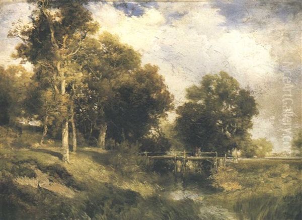 A Rustic Bridge- Easthampton Oil Painting by Thomas Moran