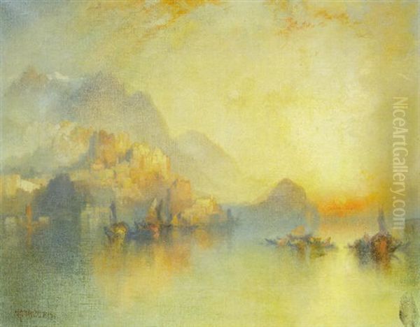 A Hillside Village At Sunset Oil Painting by Thomas Moran