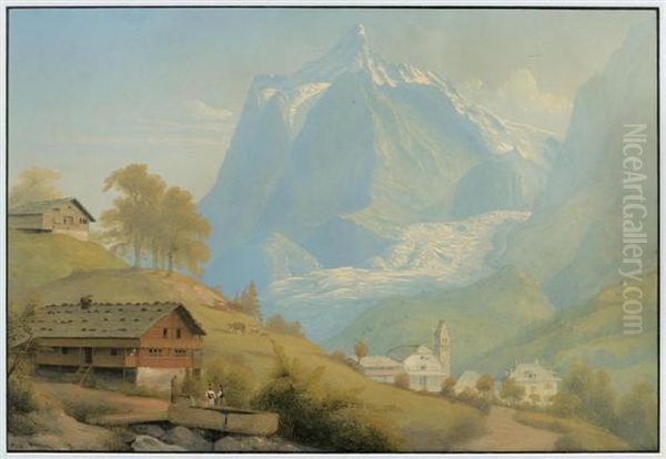 View Over Grindelwald Towards The Grindelwald Glacier And Schreckhorn Oil Painting by Johann Jakob Biedermann