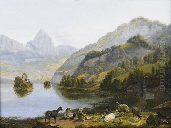 Ile De Schwanau Dans Le Lac De Lauertz Oil Painting by Johann Jakob Biedermann