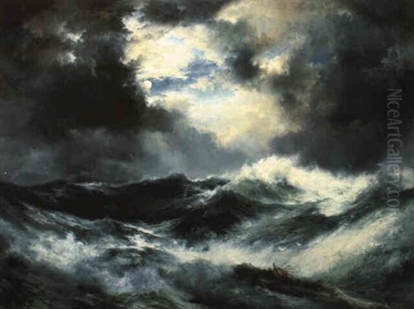 Moonlight Shipwreck At Sea Oil Painting by Thomas Moran