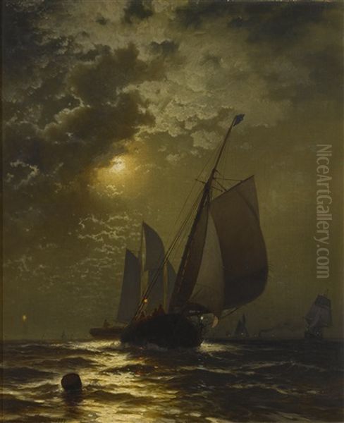 Fishing Boats In The Moonlight Oil Painting by Edward Moran