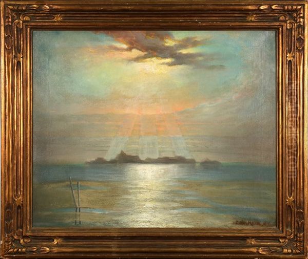 Hudson River And Beloes Island With View Of Statue Of Liberty Construction Oil Painting by Edward Moran