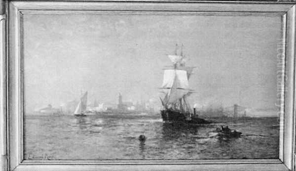 New York Harbor With Tugboat Assisting Sailing Ship Oil Painting by Edward Moran