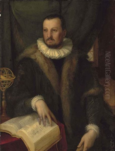 Portrait Of Francesco I De Medici (1541-1587), Grand Duke Of Tuscany, Three-quarter-length, In A Fur-trimmed Coat And A White Ruff, His Hand Resting... Oil Painting by Francesco (Il Poppi) Morandini