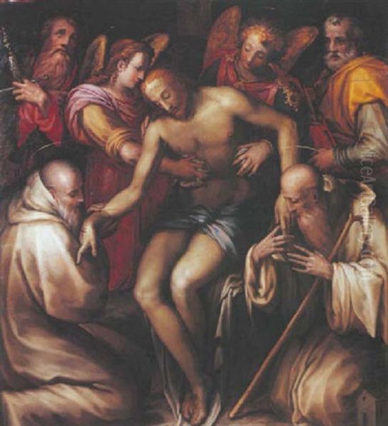 Le Christ Soutenu Par Deux Anges Entre Saint Pierre, Saint Paul, Saint Romuald Et Saint Benoit Oil Painting by Francesco (Il Poppi) Morandini