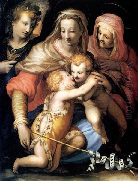 The Holi Family With The In- Fant Saint John The Baptist,   Saint Anne And The Archangel Michael. Oil Painting by Francesco (Il Poppi) Morandini