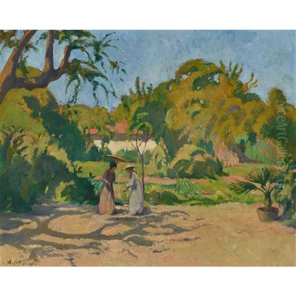 Sonniger Garten Mit Zwei Frauen Unter Dem Sonnenschirm Oil Painting by Arthur Morard